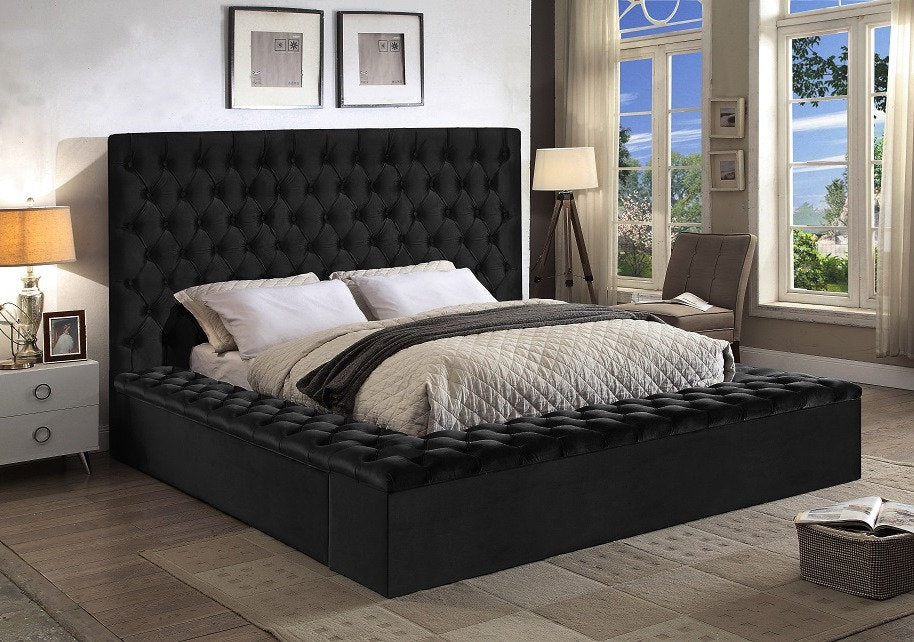 QUEEN SIZE- (5793 BLACK)- VELVET FABRIC- BED FRAME- WITH 3 STORAGE BENCHES