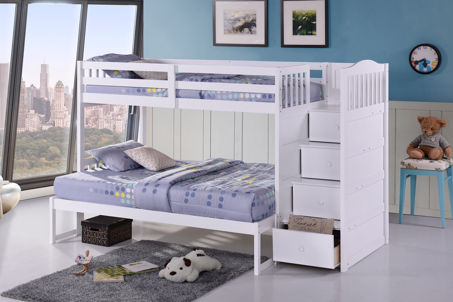 TWIN/ DOUBLE- (5900 EK WHITE) - STAIRCASE WOOD BUNK BED