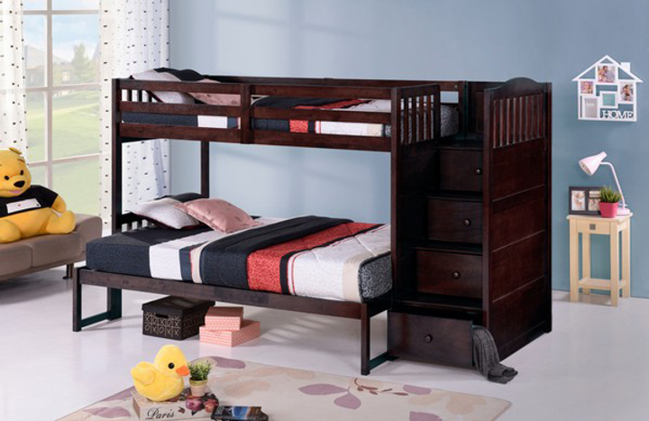 TWIN/ DOUBLE- (5910 EK ESPRESSO) - STAIRCASE WOOD BUNK BED