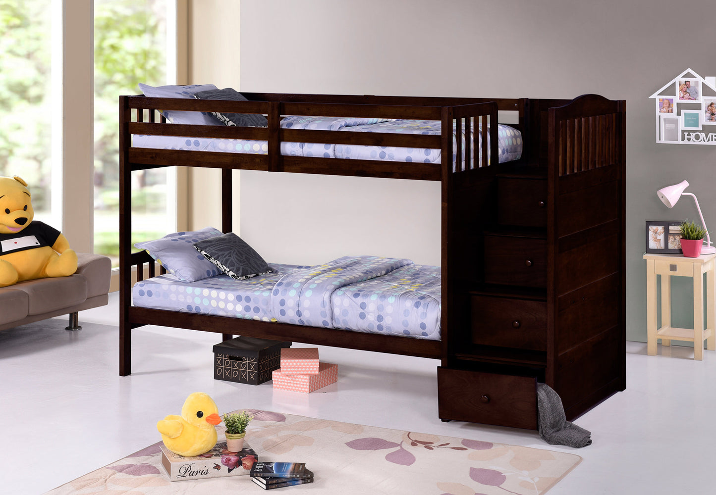 TWIN/ TWIN- (5910 ESPRESSO)- STAIRCASE WOOD BUNK BED