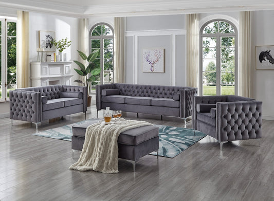 (8006 GREY SLC)- VELVET FABRIC- SOFA + LOVESEAT + CHAIR- OUT OF STOCK UNTIL NOVEMBER 30, 2024