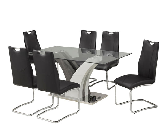 (790 BLACK- 7)- 63" LONG- GLASS DINING TABLE - WITH 6 CHAIRS