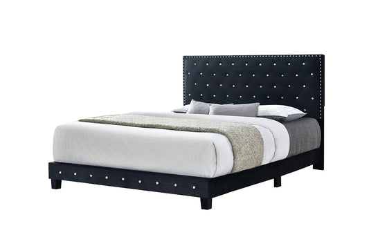 QUEEN SIZE- (DIAMOND BLACK)- CRYSTAL TUFTED- VELVET FABRIC BED FRAME- WITH SLATS