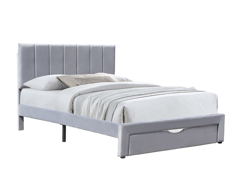 QUEEN SIZE- (MIAMI GREY)- VELVET FABRIC BED FRAME- WITH DRAWER- WITH SLATS