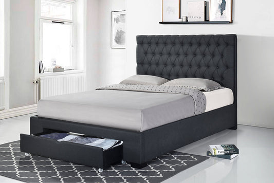 QUEEN SIZE - (QI SOFIA CHARCOAL)- FABRIC BED FRAME - WITH DRAWER