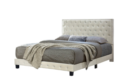 QUEEN SIZE- (DIAMOND BEIGE)- CRYSTAL TUFTED- VELVET FABRIC BED FRAME- WITH SLATS
