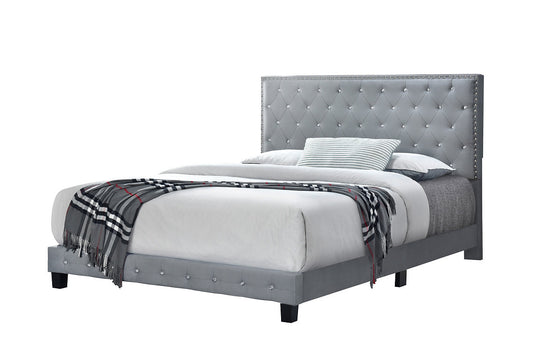 QUEEN SIZE- (DIAMOND GREY)- CRYSTAL TUFTED- VELVET FABRIC BED FRAME- WITH SLATS
