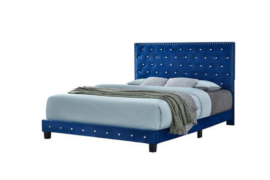 QUEEN SIZE- (DIAMOND BLUE)- CRYSTAL TUFTED- VELVET FABRIC BED FRAME- WITH SLATS