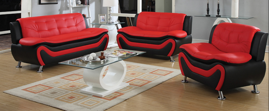 (AUCKLAND RED/ BLACK)- LEATHER SOFA + LOVESEAT + CHAIR