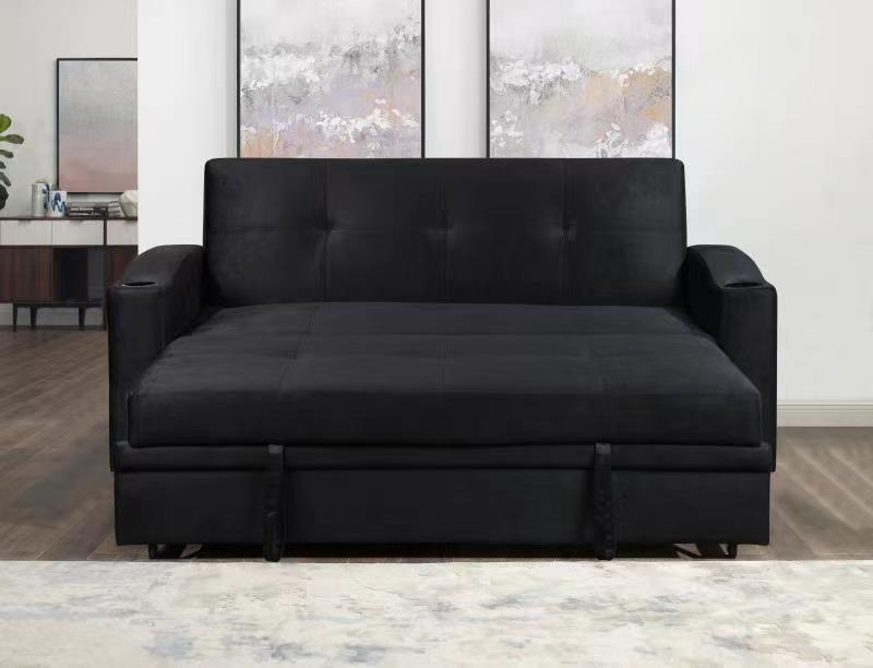 (ASHLEY BLACK)- 75" LONG- SUEDE FABRIC PULL OUT SOFA BED- TEXT OR WHATSAPP 416 319 8851 FOR STOCK AVAILABILITY BEFORE PAYING