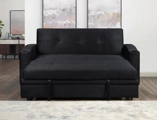 (ASHLEY BLACK)- SUEDE FABRIC PULL OUT SOFA BED- TEXT OR WHATSAPP 416 319 8851 FOR STOCK AVAILABILITY BEFORE PAYING