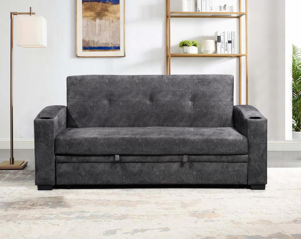 (ASHLEY GREY)- 75" LONG- SUEDE FABRIC PULL OUT SOFA BED- TEXT OR WHATSAPP 416 319 8851 FOR STOCK AVAILABILITY BEFORE PAYING