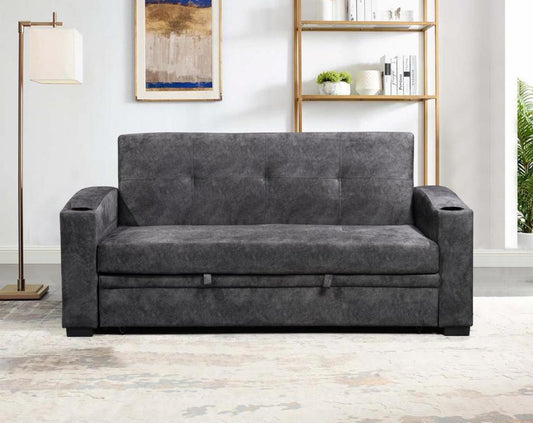 (ASHLEY GREY)- SUEDE FABRIC PULL OUT SOFA BED- TEXT OR WHATSAPP 416 319 8851 FOR STOCK AVAILABILITY BEFORE PAYING