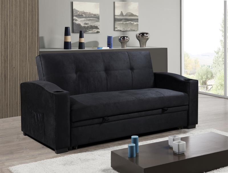 (ASHLEY BLACK)- 75" LONG- SUEDE FABRIC PULL OUT SOFA BED- TEXT OR WHATSAPP 416 319 8851 FOR STOCK AVAILABILITY BEFORE PAYING