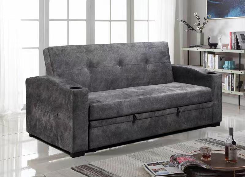(ASHLEY GREY)- 75" LONG- SUEDE FABRIC PULL OUT SOFA BED- TEXT OR WHATSAPP 416 319 8851 FOR STOCK AVAILABILITY BEFORE PAYING