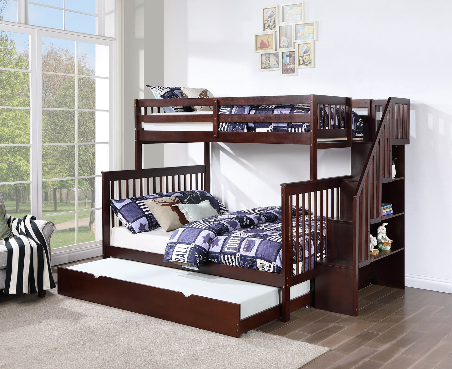 TWIN/ DOUBLE- (2594 ESPRESSO)- WOOD BUNK BED- WITH STAIRCASE- WITH TRUNDLE