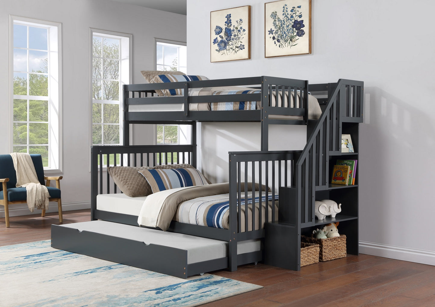 TWIN/ DOUBLE- (2594 GREY)- WOOD BUNK BED- WITH STAIRCASE- WITH TRUNDLE
