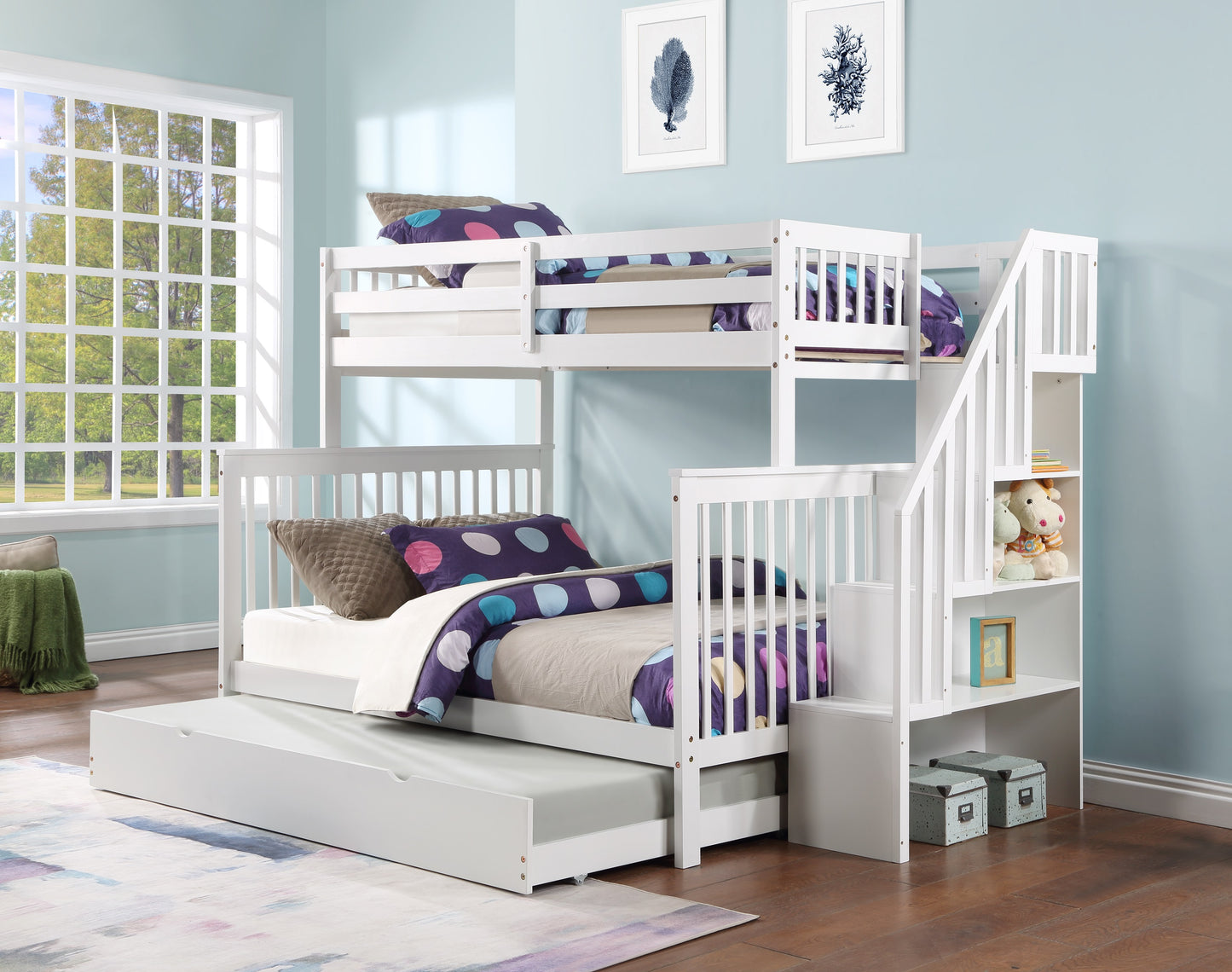 TWIN/ DOUBLE- (2594 WHITE)- WOOD BUNK BED- WITH STAIRCASE- WITH TRUNDLE