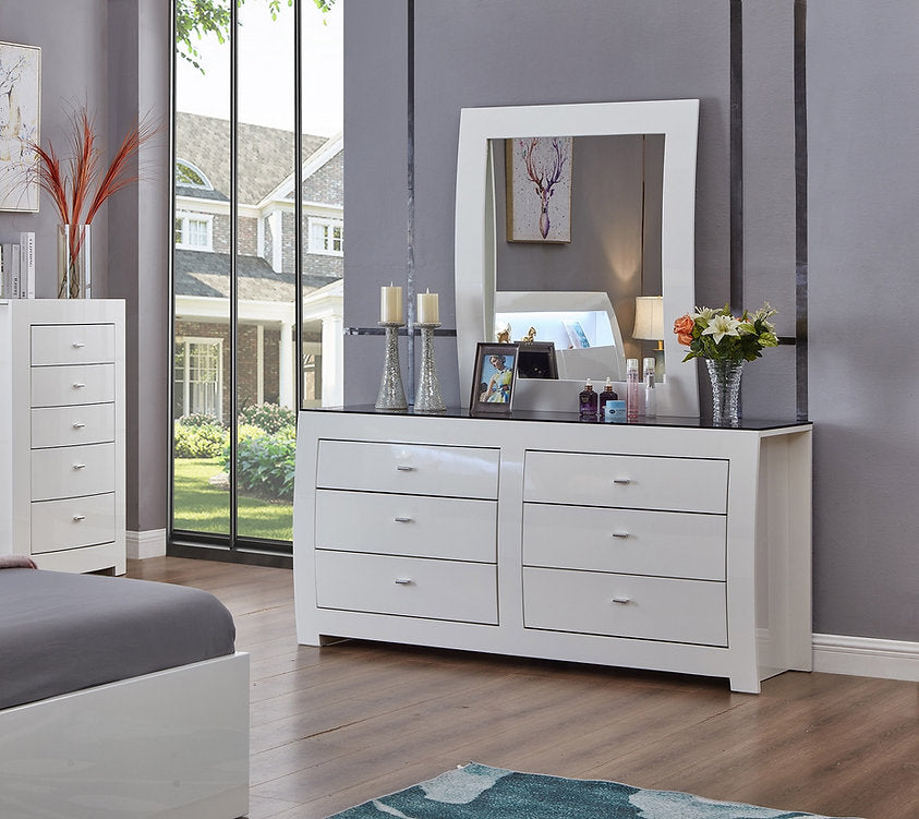(BARCELONA WHITE- 6)- WOOD DRESSER + MIRROR