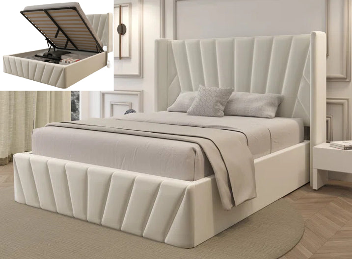 QUEEN SIZE- (BAY CREAM)- FABRIC BED FRAME- WITH LIFT UP STORAGE