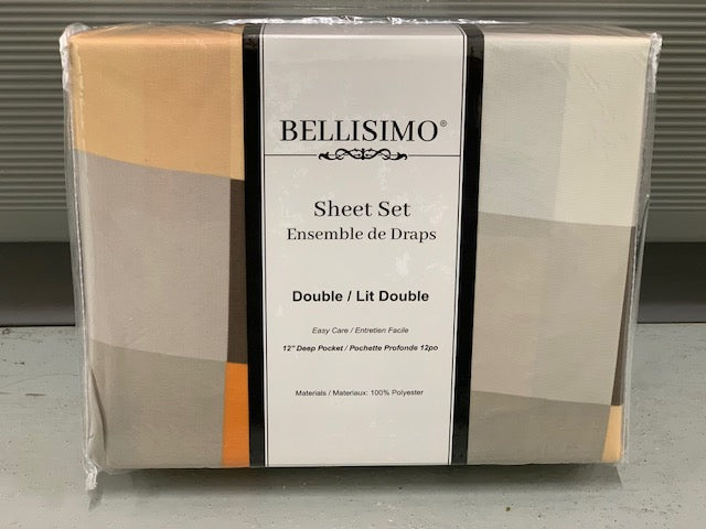 DOUBLE (FULL) SIZE- (BELLISIMO BEIGE PRINT)- 12" DEEP- 4 PC. BED SHEET SET