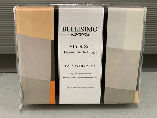 DOUBLE (FULL) SIZE- (BELLISIMO BEIGE PRINT)- 12" DEEP- 4 PC. BED SHEET SET
