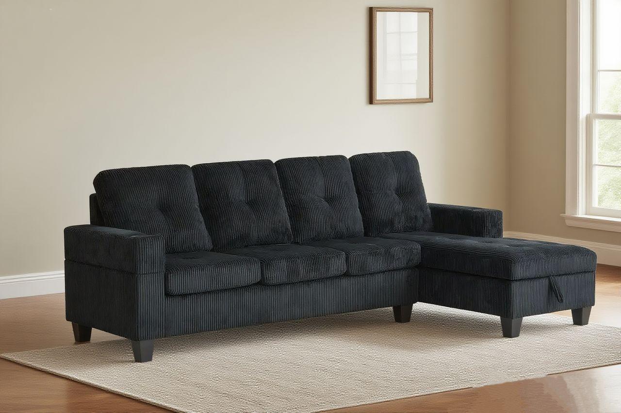 (COURTNEY BLACK)- REVERSIBLE- CORDUROY 4 SEATER STORAGE SECTIONAL SOFA- TEXT OR WHATSAPP 416 319 8851 FOR STOCK AVAILABILITY BEFORE PAYING