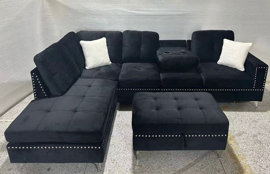 (2402 BLACK)- REVERSIBLE- VELVET FABRIC SECTIONAL SOFA- WITH STORAGE OTTOMAN