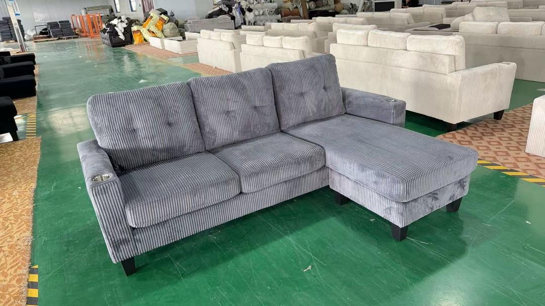 (VILLAGE GREY)- REVERSIBLE- CORDUROY 3 SEATER SECTIONAL SOFA- TEXT OR WHATSAPP 416 319 8851 FOR STOCK AVAILABILITY BEFORE PAYING