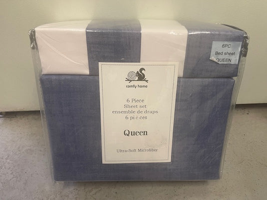 QUEEN SIZE- (COMFY HOME blue and grey)- 6 PC. SHEET SET