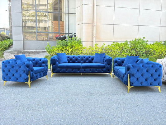 (FV ROLA BLUE SLC)- VELVET FABRIC- BUTTON TUFTED- SOFA + LOVESEAT + CHAIR- TEXT OR WHATSAPP 416 319 8851 FOR STOCK AVAILABILITY BEFORE PAYING