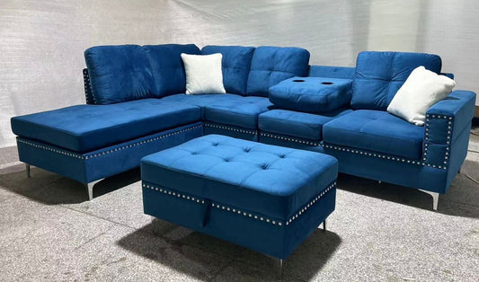 (2402 BLUE)- REVERSIBLE- VELVET FABRIC SECTIONAL SOFA- WITH STORAGE OTTOMAN