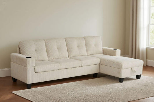 (COURTNEY CREAM)- REVERSIBLE- CORDUROY 4 SEATER STORAGE SECTIONAL SOFA- TEXT OR WHATSAPP 416 319 8851 FOR STOCK AVAILABILITY BEFORE PAYING