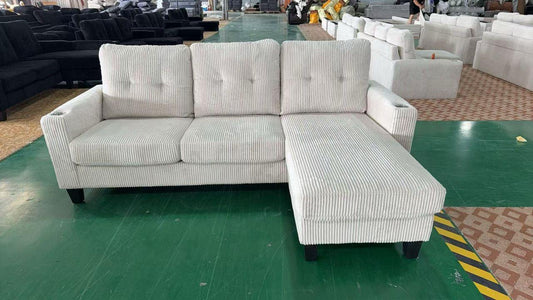 (VILLAGE CREAM)- REVERSIBLE- CORDUROY 3 SEATER SECTIONAL SOFA- TEXT OR WHATSAPP 416 319 8851 FOR STOCK AVAILABILITY BEFORE PAYING