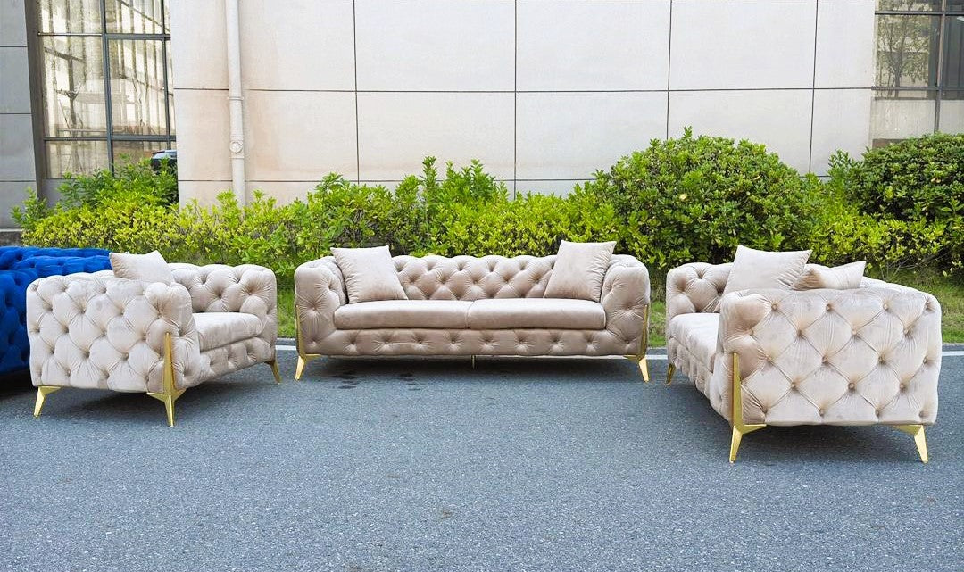 (FV 2011 CREAM SLC)- VELVET FABRIC- BUTTON TUFTED- SOFA + LOVESEAT + CHAIR- TEXT OR WHATSAPP 416 319 8851 FOR STOCK AVAILABILITY BEFORE PAYING
