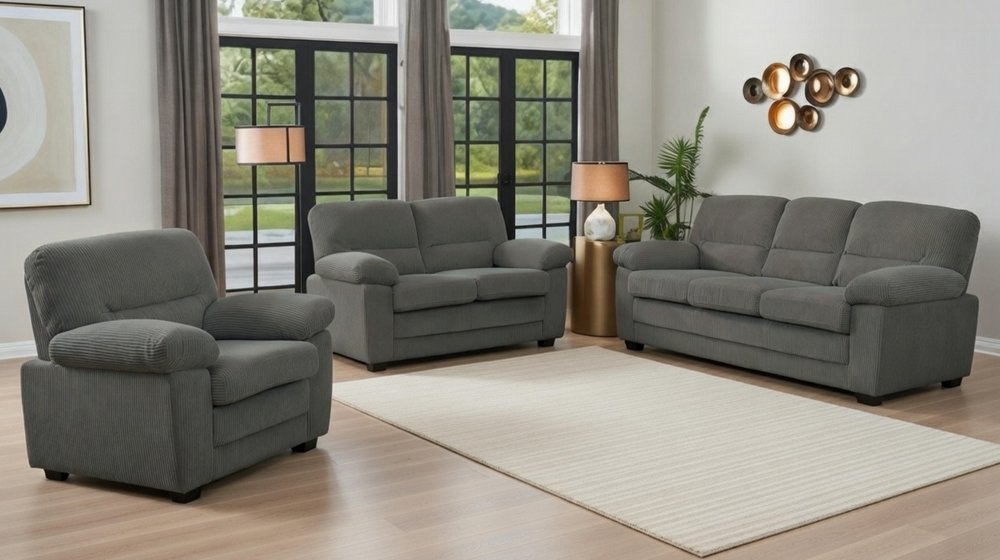 (CRYSTAL GREY SLC)- CORDUROY FABRIC SOFA + LOVESEAT + CHAIR- TEXT OR WHATSAPP 416 319 8851 FOR STOCK AVAILABILITY BEFORE PAYING