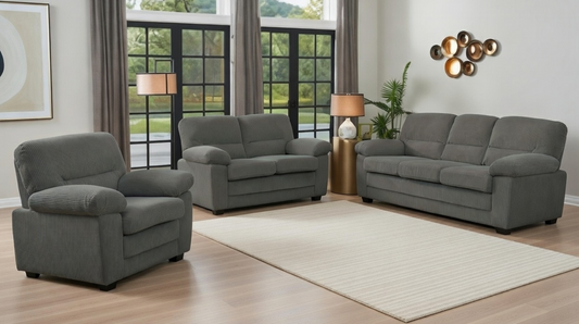 (CRYSTAL GREY SLC)- CORDUROY FABRIC SOFA + LOVESEAT + CHAIR- TEXT OR WHATSAPP 416 319 8851 FOR STOCK AVAILABILITY BEFORE PAYING