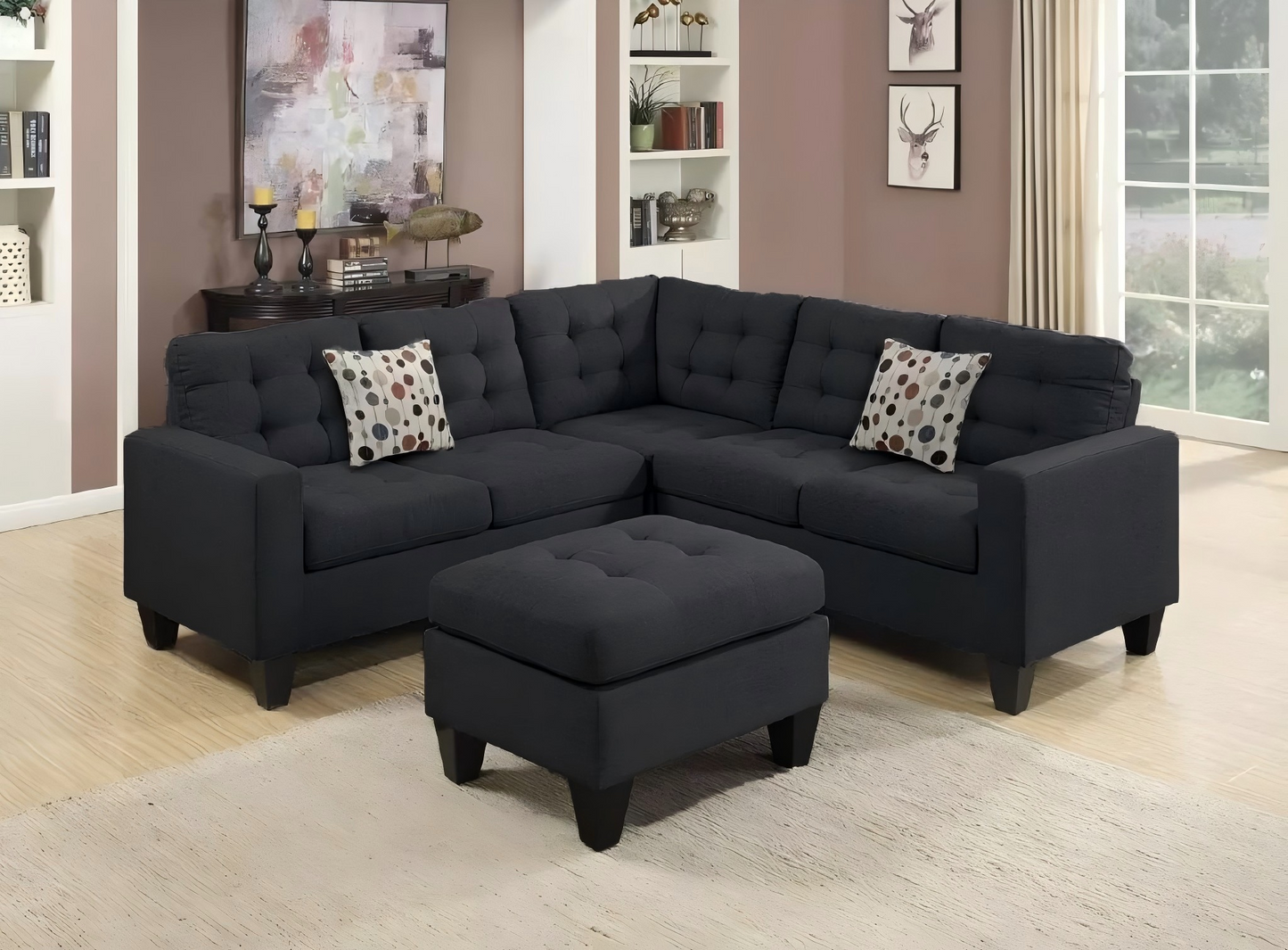 (COSTA BLACK)- 84" LONG- REVERSIBLE- FABRIC SECTIONAL SOFA- WITH OTTOMAN- TEXT OR WHATSAPP 416 319 8851 FOR STOCK AVAILABILITY BEFORE PAYING