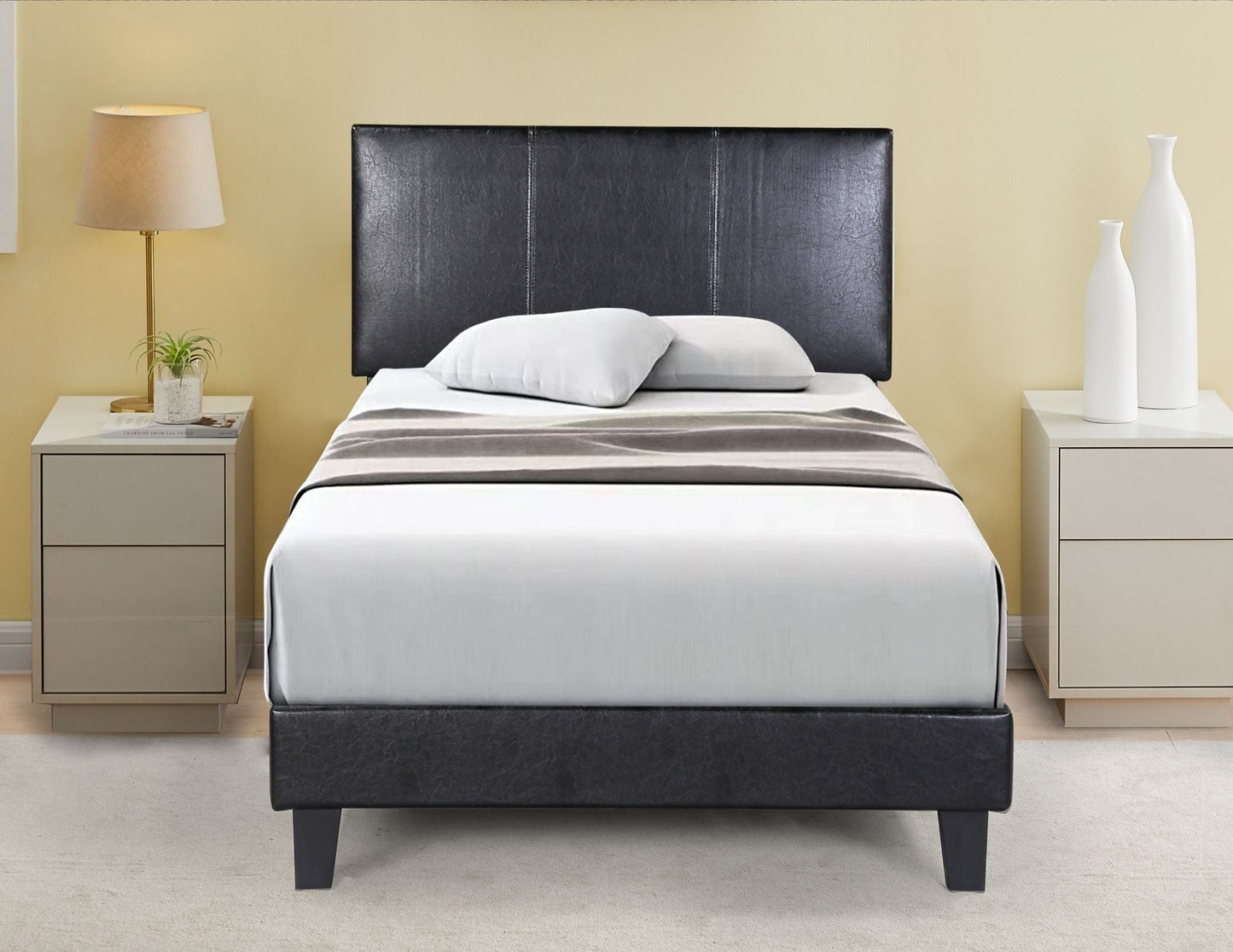QUEEN SIZE- (DELTA BLACK)- LEATHER BED FRAME IN A BOX- WITH SLATS