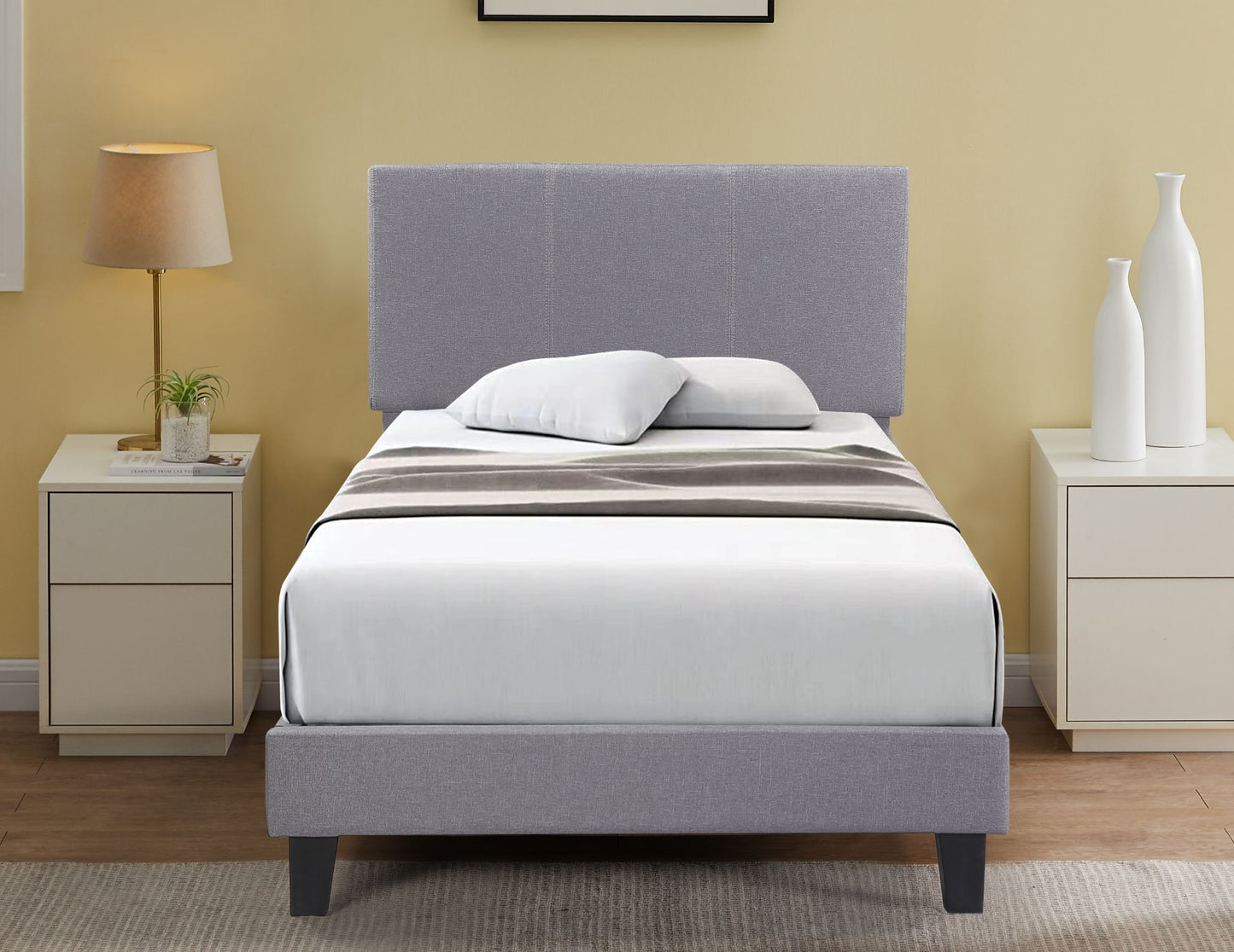 TWIN (SINGLE) SIZE- (DELTA GREY)- FABRIC BED FRAME IN A BOX- WITH SLATS