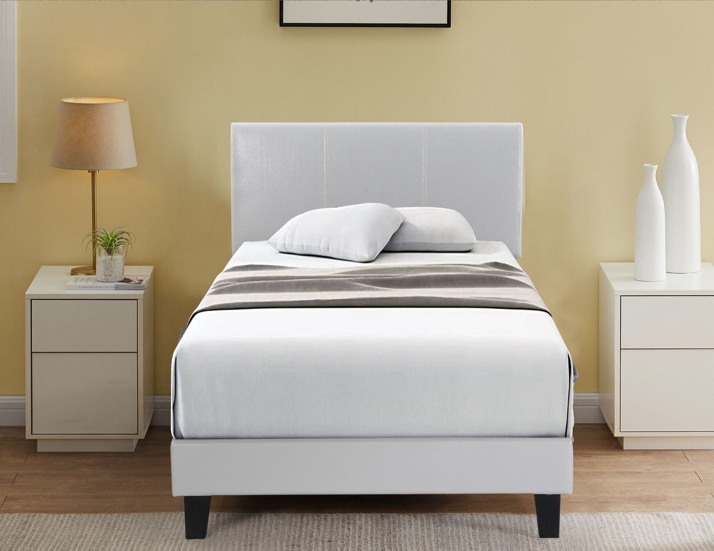 QUEEN SIZE- (DELTA WHITE)- LEATHER BED FRAME IN A BOX- WITH SLATS