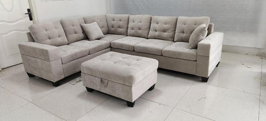 (EMERSON BEIGE)- REVERSIBLE- VELVET FABRIC SECTIONAL SOFA- WITH OTTOMAN- TEXT OR WHATSAPP 416 319 8851 FOR STOCK AVAILABILITY BEFORE PAYING
