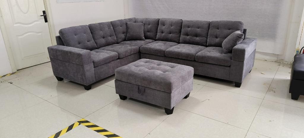 (EMERSON GREY)- REVERSIBLE- VELVET FABRIC SECTIONAL SOFA- WITH OTTOMAN