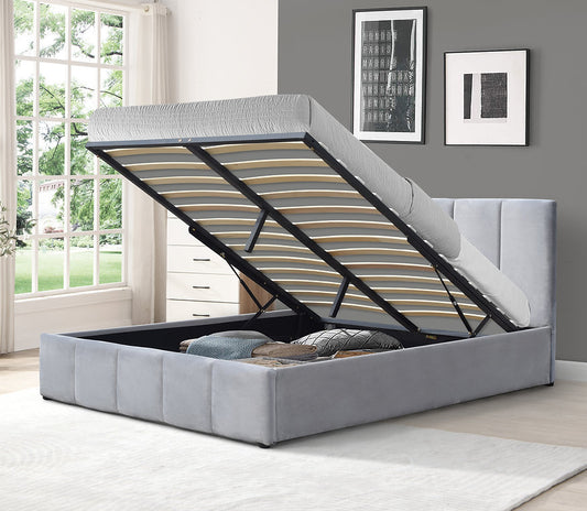 DOUBLE (FULL) SIZE- (FRANKFURT GREY)- VELVET FABRIC BED FRAME- WITH LIFT UP STORAGE
