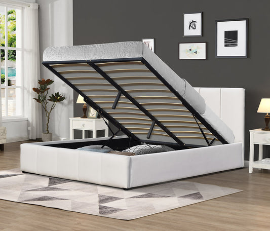 KING SIZE- (FRANKFURT WHITE)- LEATHER BED FRAME- WITH LIFT UP STORAGE