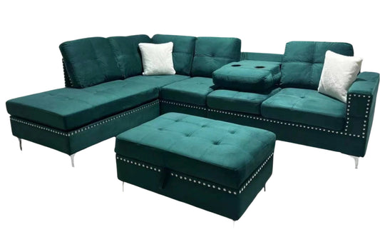 (2402 GREEN)- REVERSIBLE- VELVET FABRIC SECTIONAL SOFA- WITH STORAGE OTTOMAN