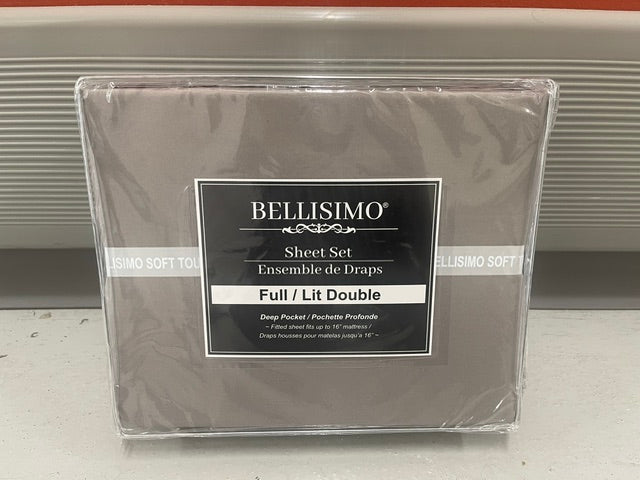 DOUBLE (FULL) SIZE- (BELLISIMO SOLID GREY)- 16" DEEP- 4 PC. BED SHEET SET