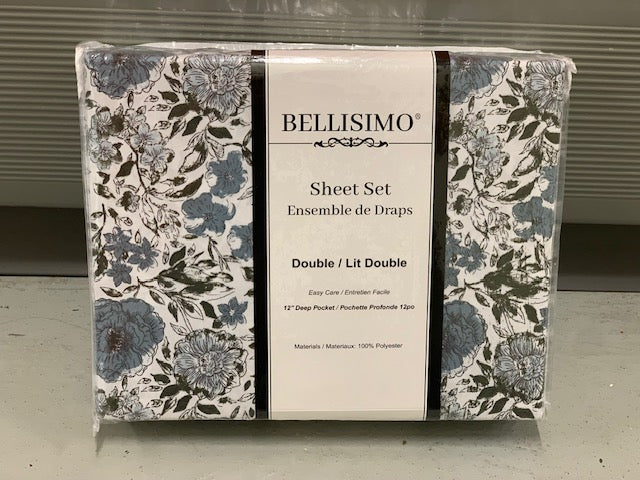 DOUBLE (FULL) SIZE- (BELLISIMO GREY PRINT)- 12" DEEP- 4 PC. BED SHEET SET