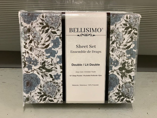 DOUBLE (FULL) SIZE- (BELLISIMO GREY PRINT)- 12" DEEP- 4 PC. BED SHEET SET