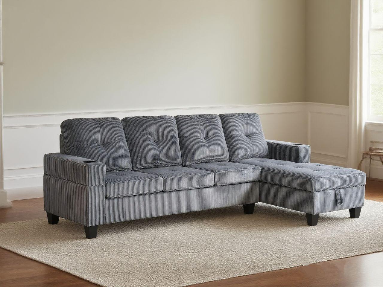(COURTNEY GREY)- REVERSIBLE- CORDUROY 4 SEATER STORAGE SECTIONAL SOFA- TEXT OR WHATSAPP 416 319 8851 FOR STOCK AVAILABILITY BEFORE PAYING